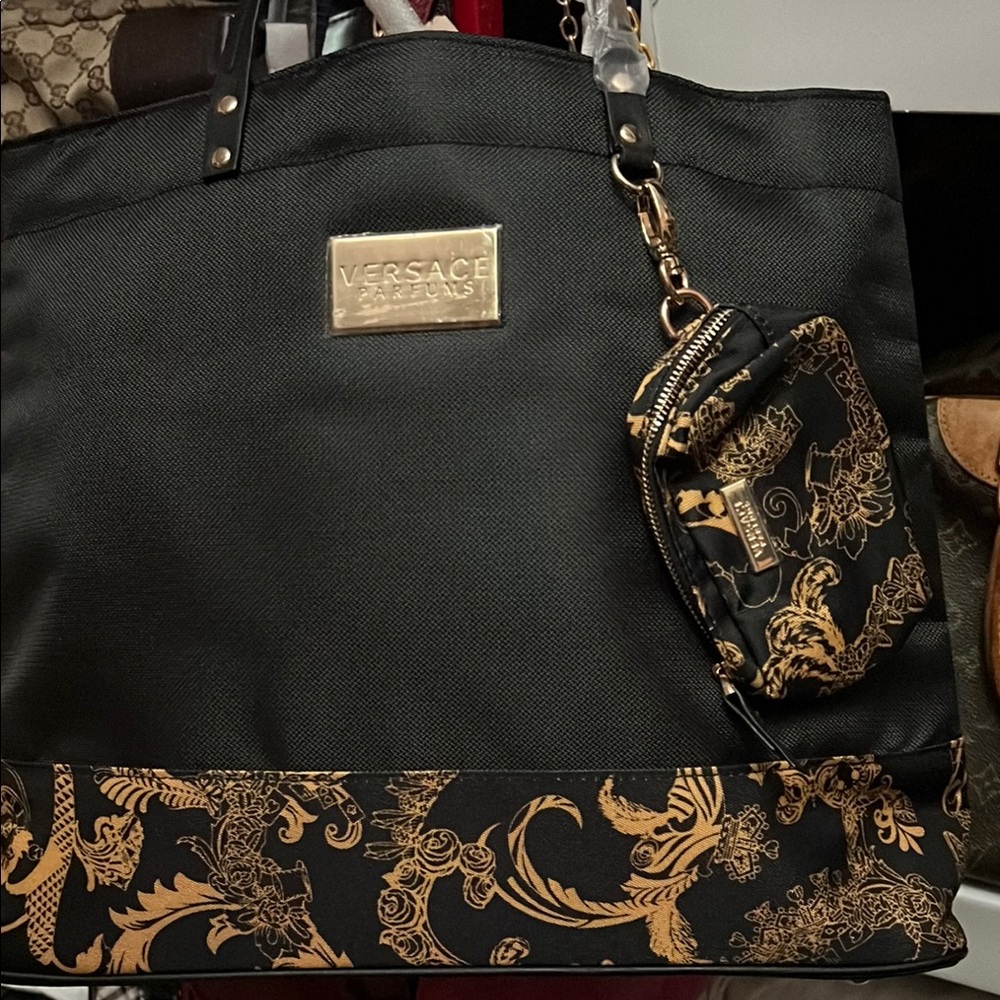 Versace Jeans Collection Black and Gold Baroque Tote with Pouch